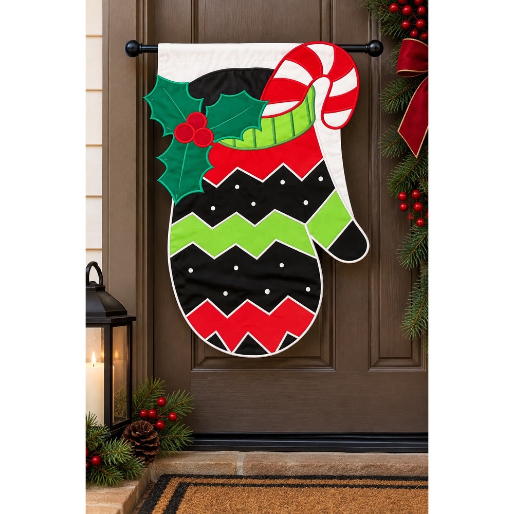 Evergreen 2014 Christmas Stocking Door Flag Candy Cane Holly Chevron Holiday 19"